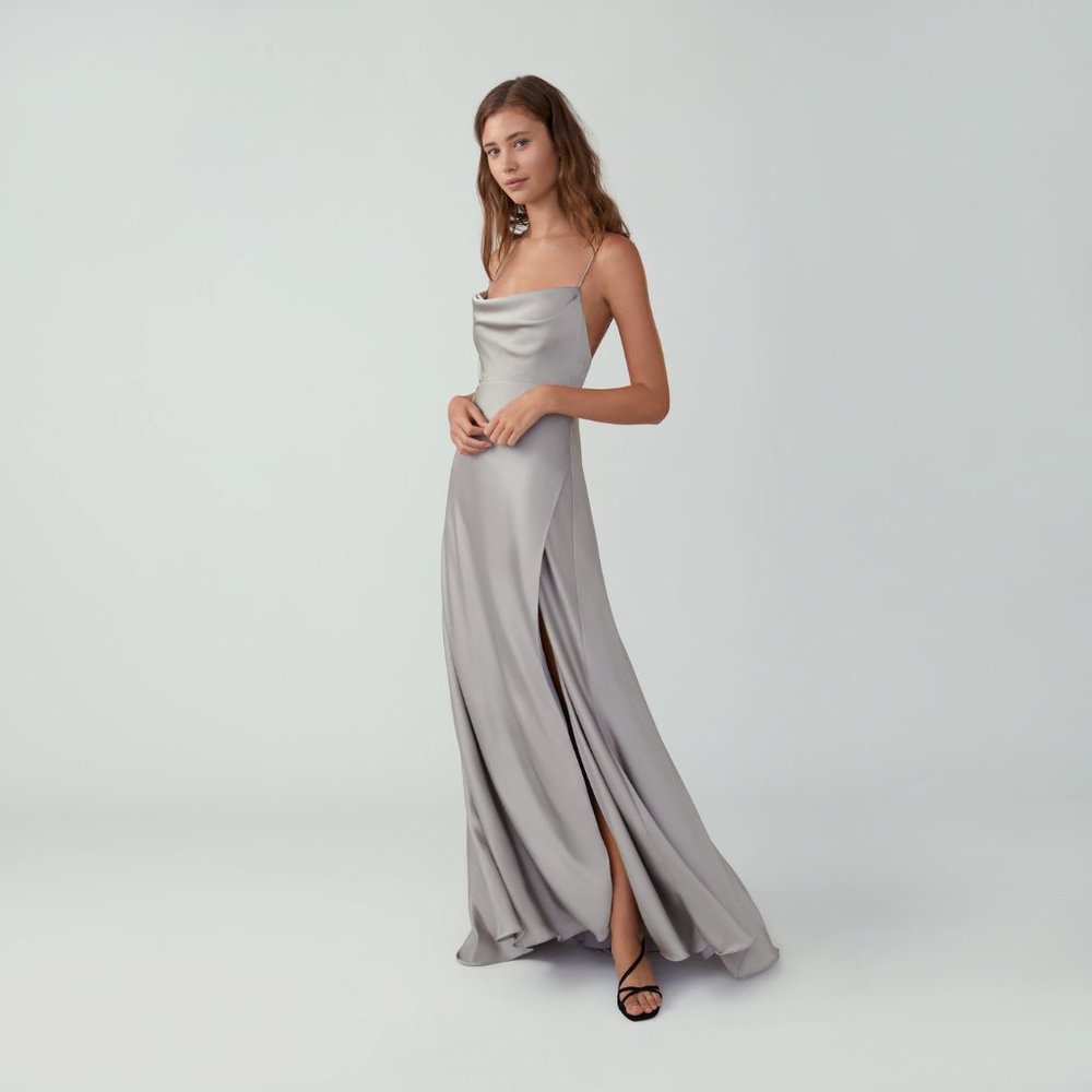Fame and Partners Silver Satin Cowl-Neck Wedding Dress with Side Slit